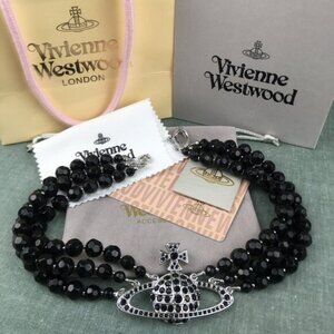 NWT Vivienne Westwood Three Row Pearl Bas Relief Choker in Black